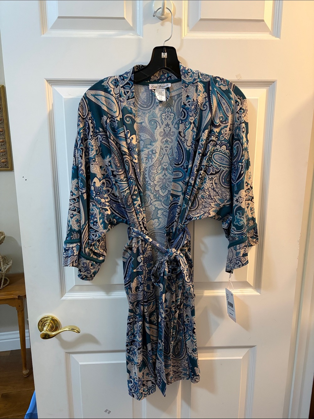 Linea Donatella Teal and Cream Paisley Satin Robe